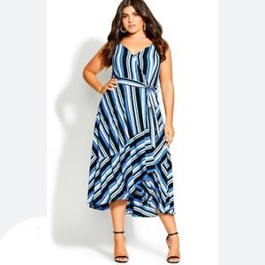 CITY Chic blue white and black striped faux wrap ruffle dress plus size M 18 new